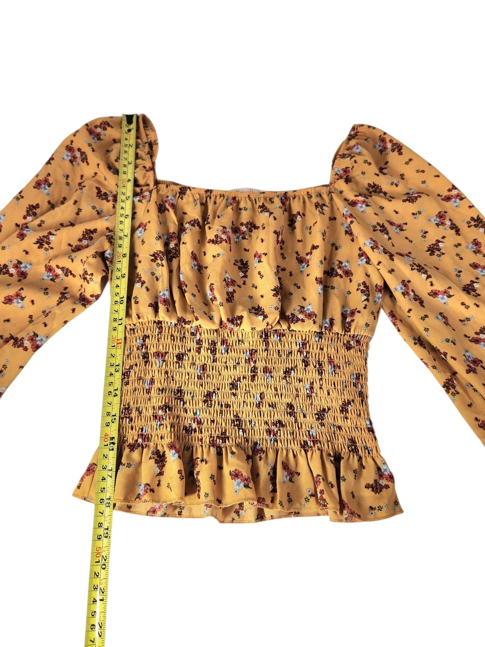 Ultra Flirt Floral Smocked Peplum Peasant Top Yellow Long Sleeve Square Neck S - Picture 11 of 13